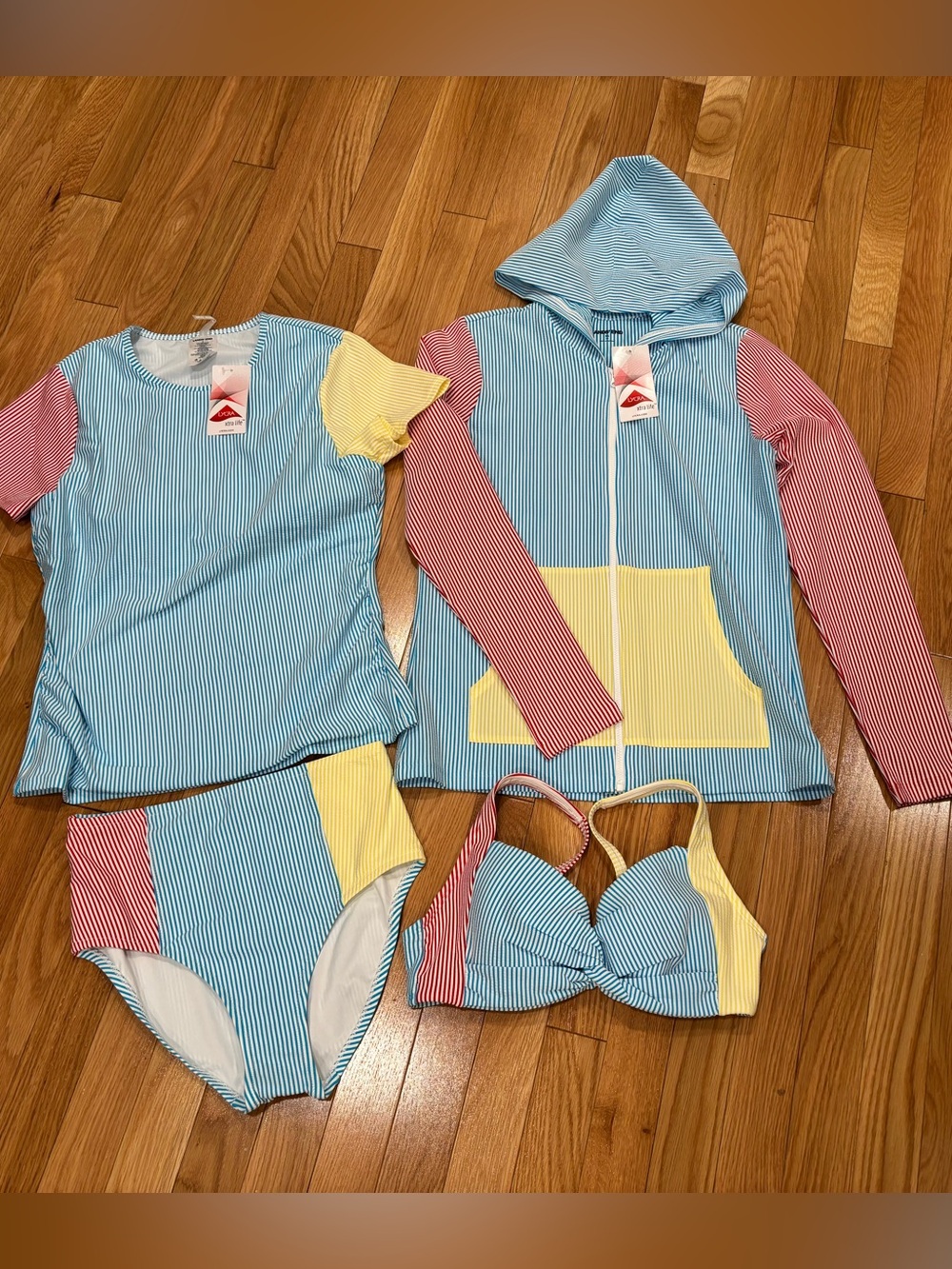 4 Piece Lands' End Blue, Red, Yellow & White Striped Swim Set Bikini/Rash Guards - Picture 1 of 7
